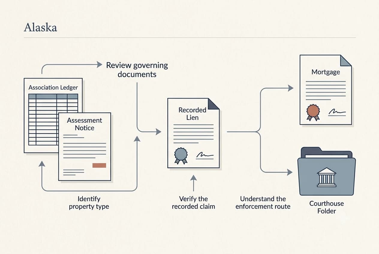 Alaska HOA dispute process diagram showing records, lien, and foreclosure checkpoints