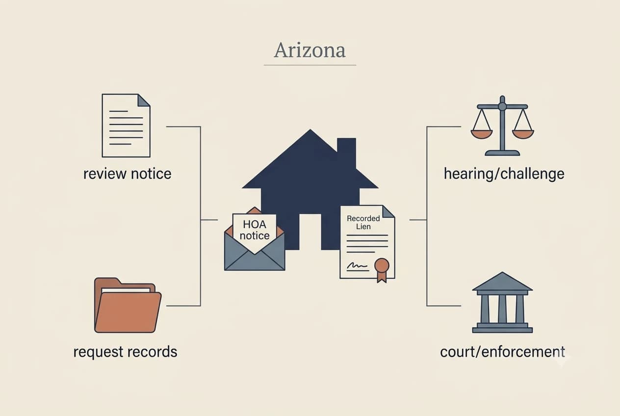 Arizona HOA dispute process diagram showing records, lien, and foreclosure checkpoints