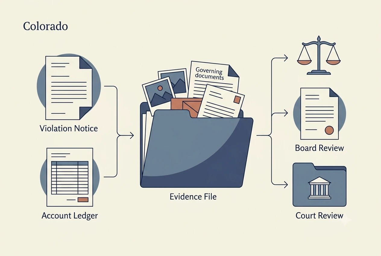 Colorado HOA dispute process diagram showing records, lien, and foreclosure checkpoints