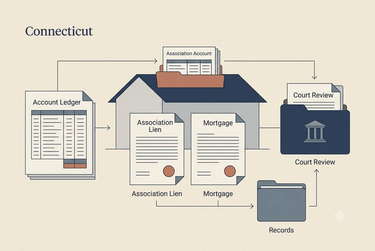 Connecticut HOA dispute process diagram showing records, lien, and foreclosure checkpoints