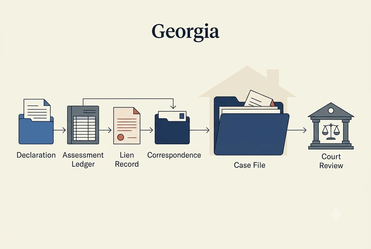 Georgia HOA dispute process diagram showing records, lien, and foreclosure checkpoints