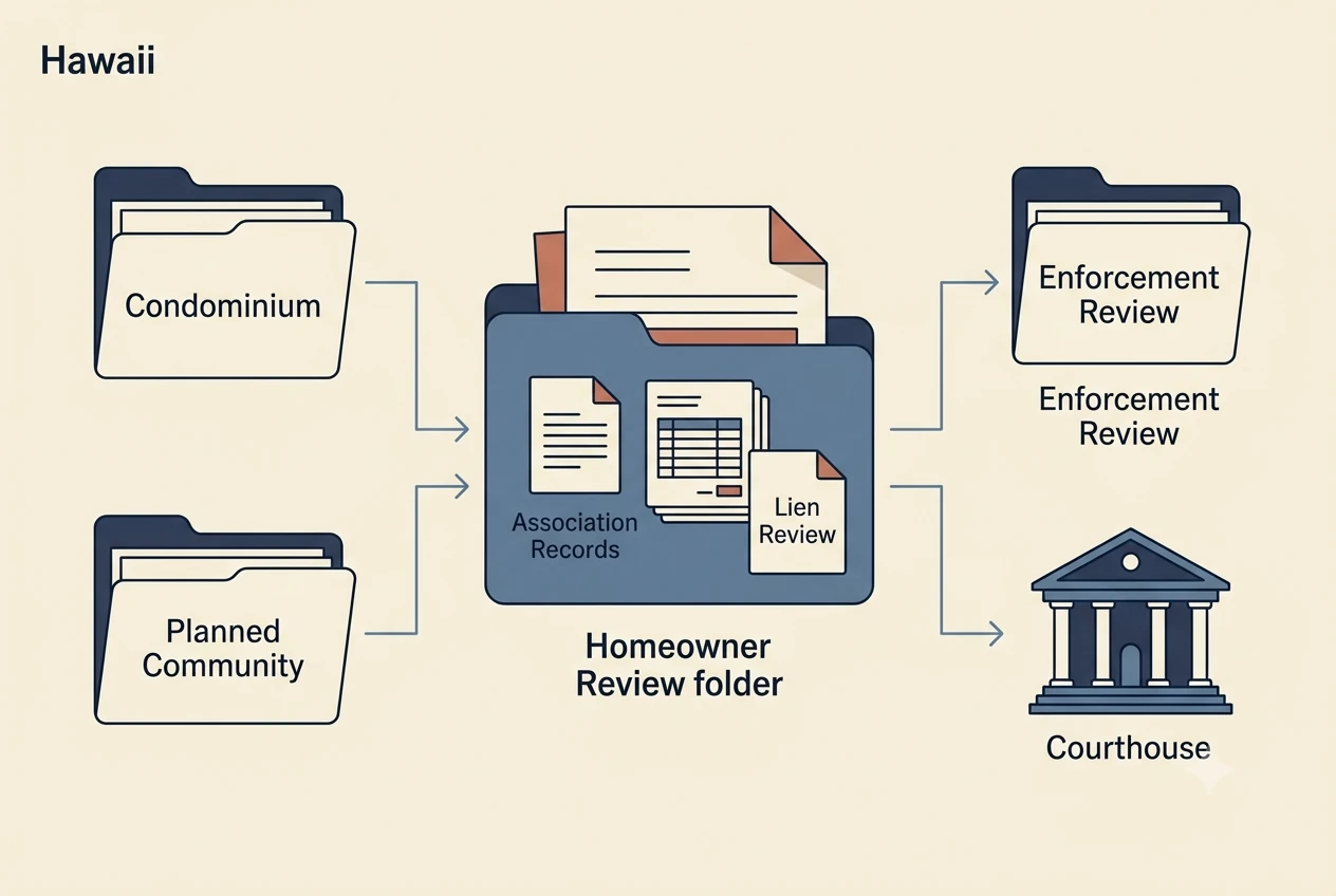 Hawaii HOA dispute process diagram showing records, lien, and foreclosure checkpoints