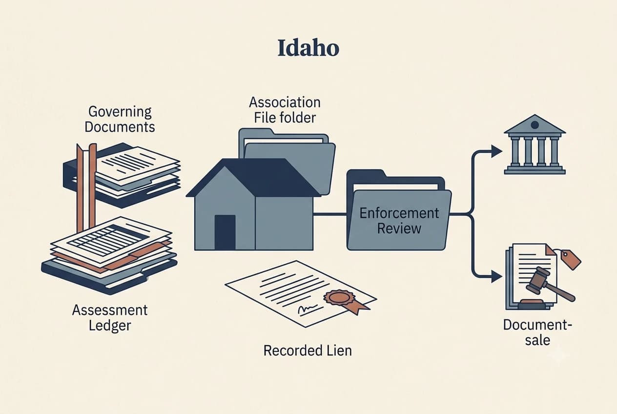 Idaho HOA dispute process diagram showing records, lien, and foreclosure checkpoints