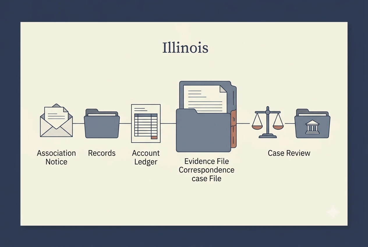 Illinois HOA dispute process diagram showing records, lien, and foreclosure checkpoints