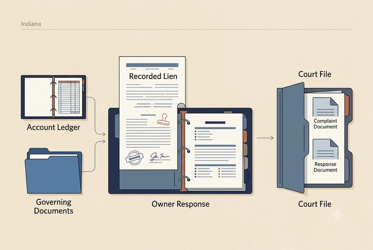 Indiana HOA dispute process diagram showing records, lien, and foreclosure checkpoints