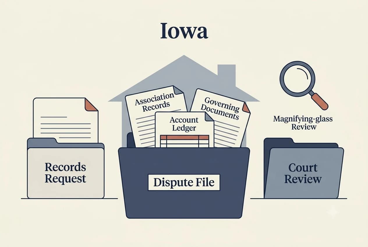 Iowa HOA dispute process diagram showing records, lien, and foreclosure checkpoints
