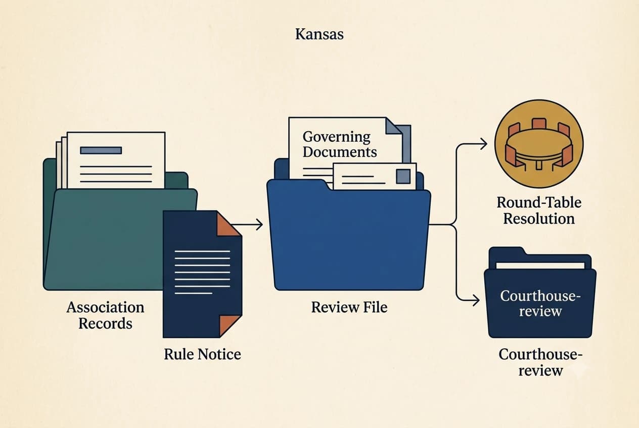 Kansas HOA dispute process diagram showing records, lien, and foreclosure checkpoints