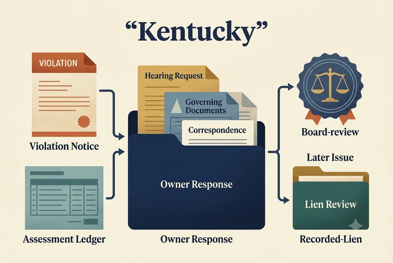 Kentucky HOA dispute process diagram showing records, lien, and foreclosure checkpoints