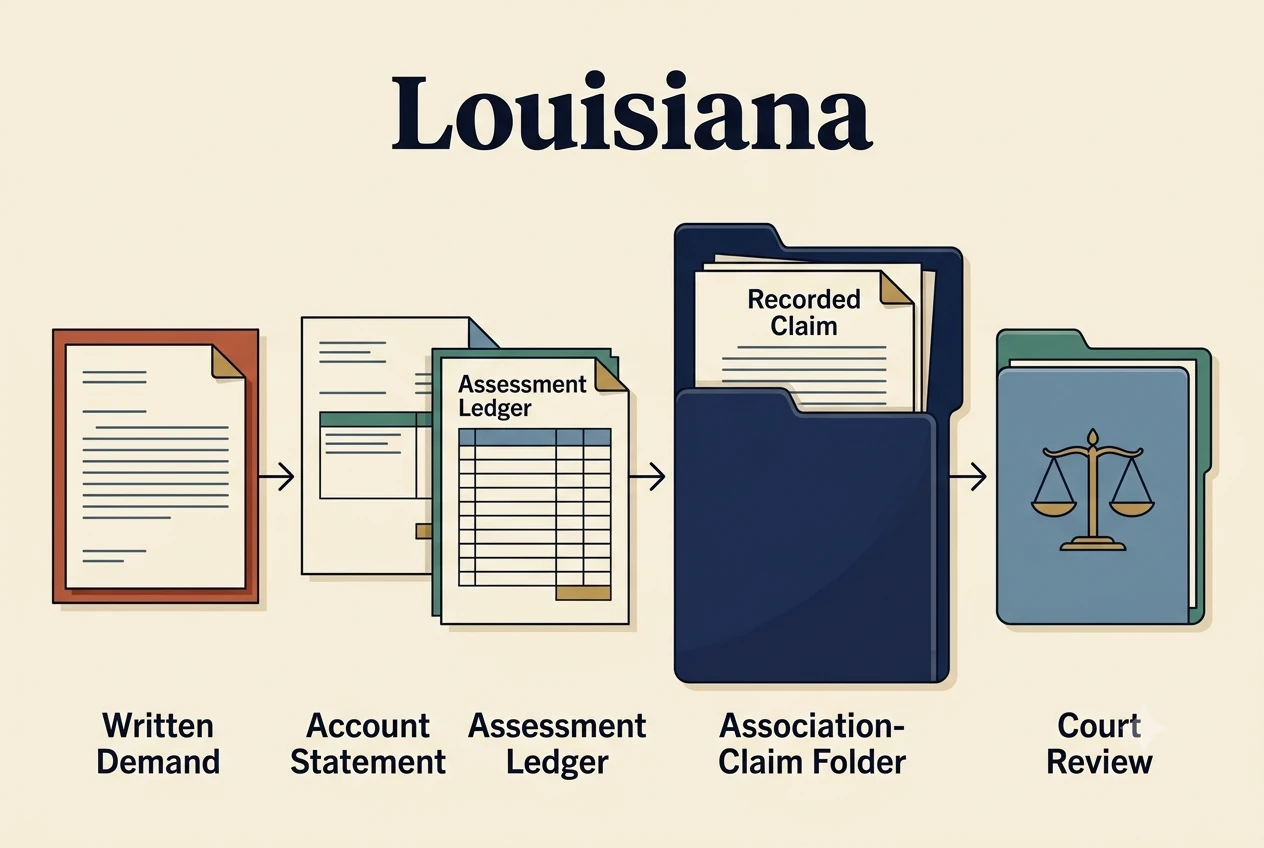 Louisiana HOA dispute process diagram showing records, lien, and foreclosure checkpoints
