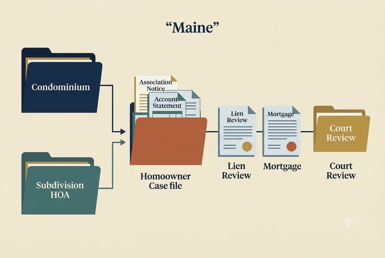 Maine HOA dispute process diagram showing records, lien, and foreclosure checkpoints