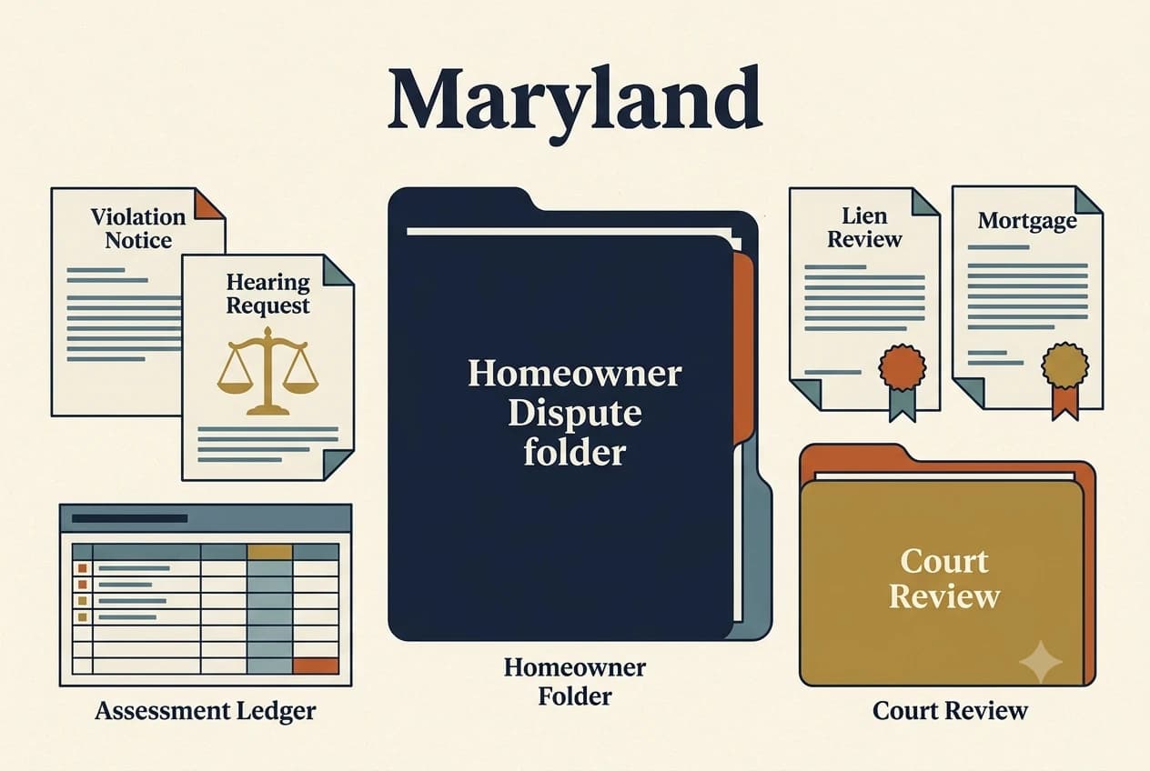 Maryland HOA dispute process diagram showing records, lien, and foreclosure checkpoints