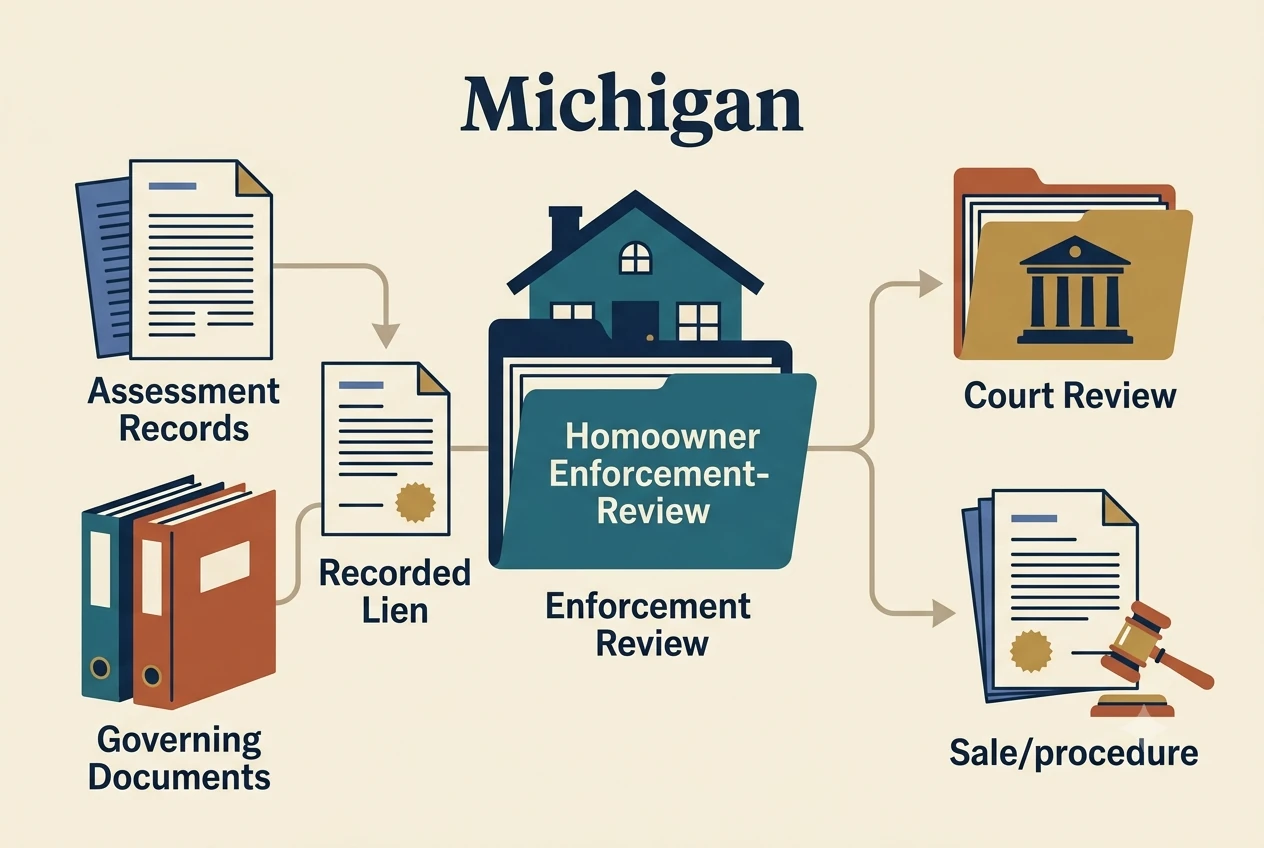Michigan HOA dispute process diagram showing records, lien, and foreclosure checkpoints