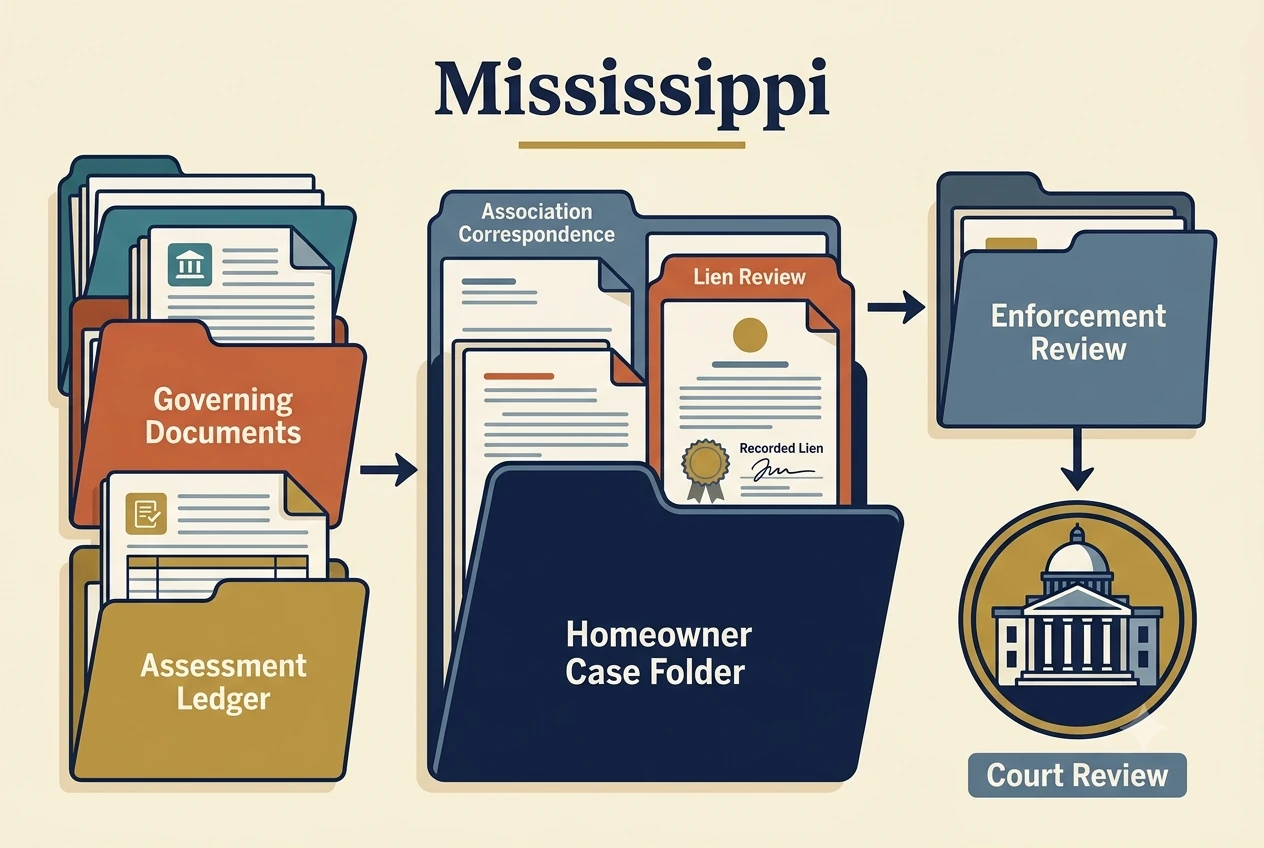 Mississippi HOA dispute process diagram showing records, lien, and foreclosure checkpoints