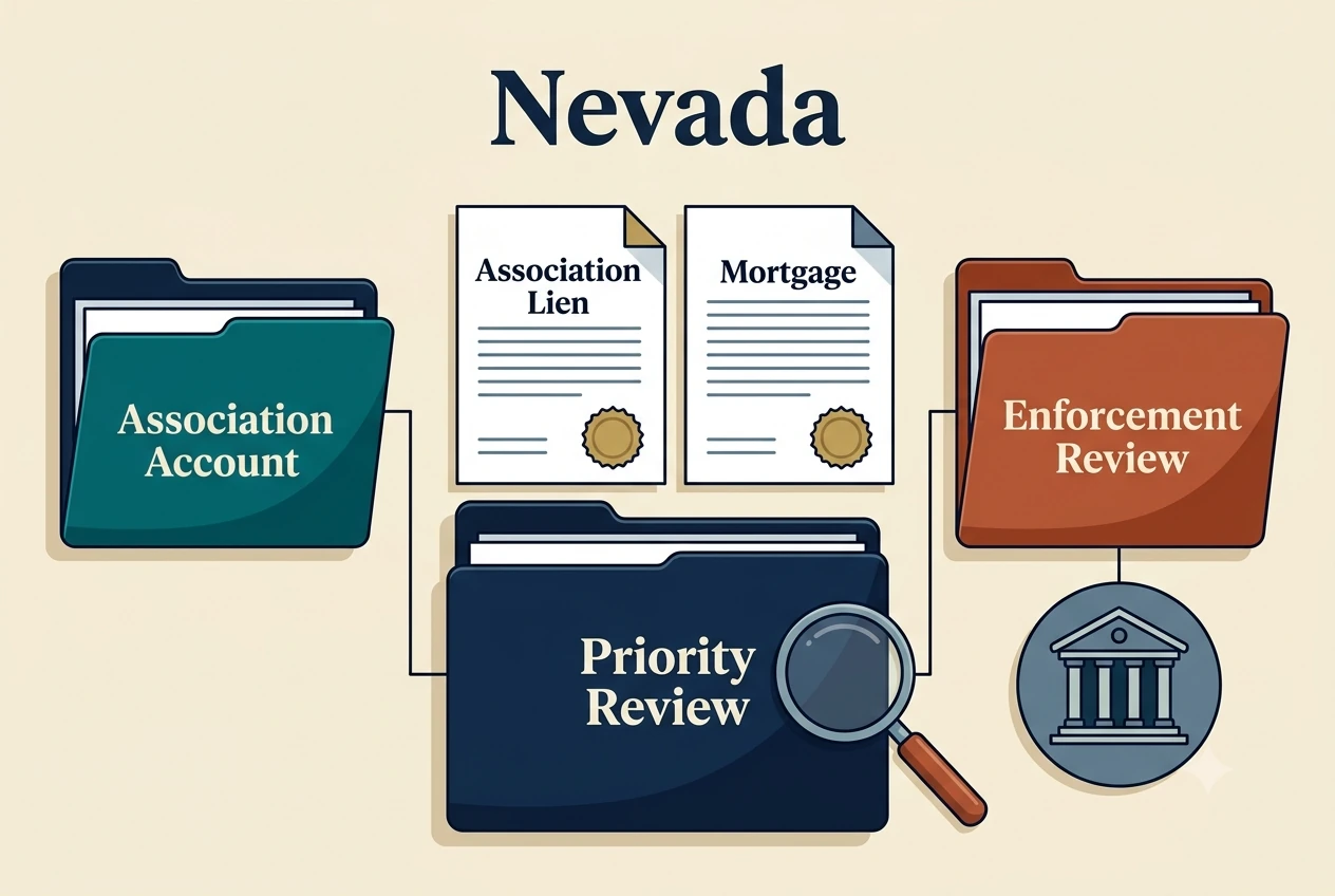 Nevada HOA dispute process diagram showing records, lien, and foreclosure checkpoints