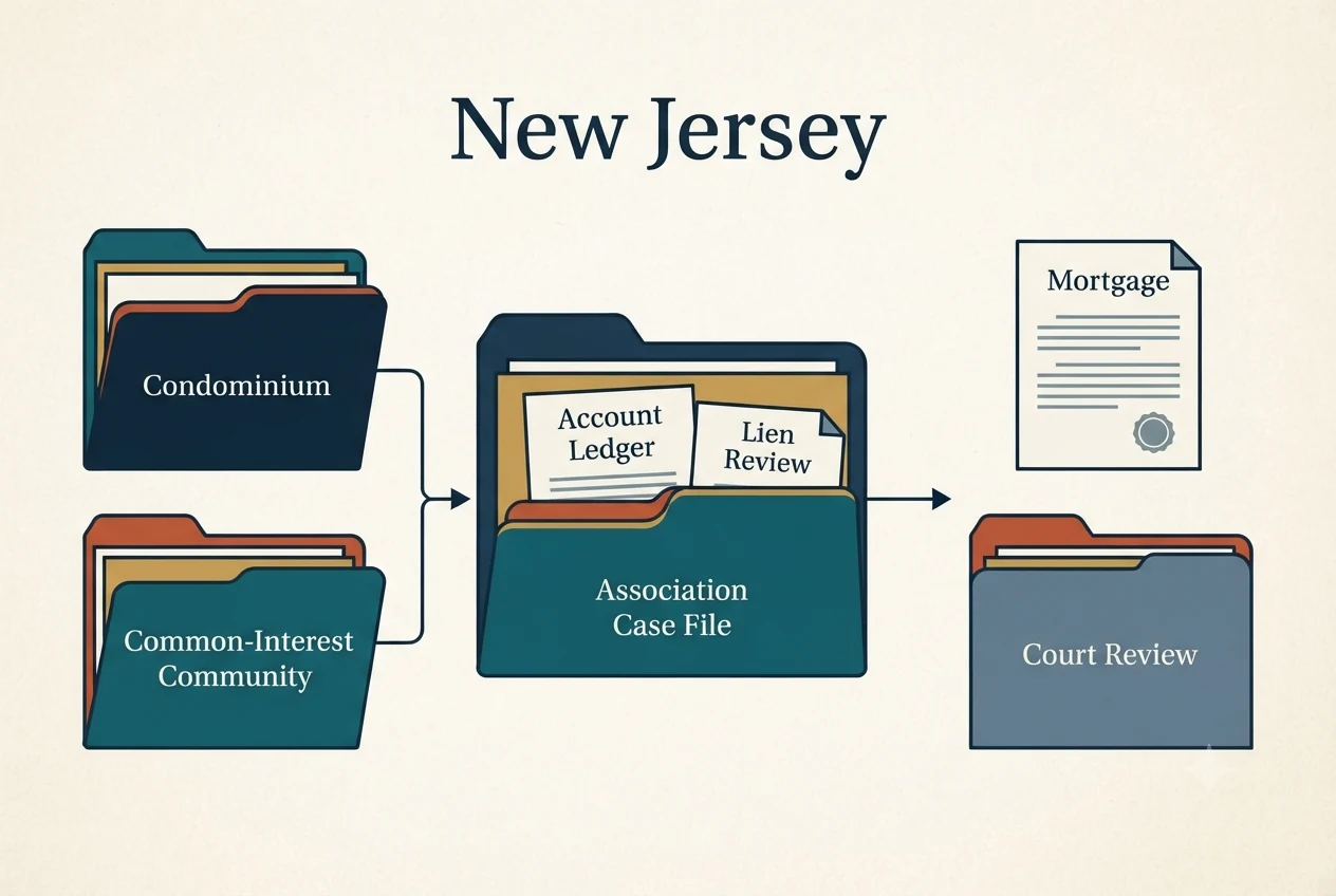 New Jersey HOA dispute process diagram showing records, lien, and foreclosure checkpoints