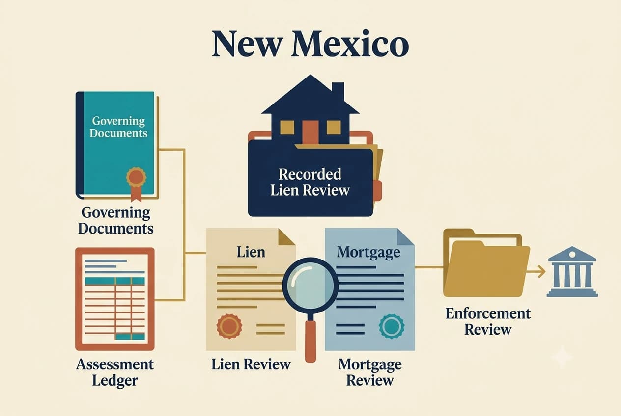 New Mexico HOA dispute process diagram showing records, lien, and foreclosure checkpoints
