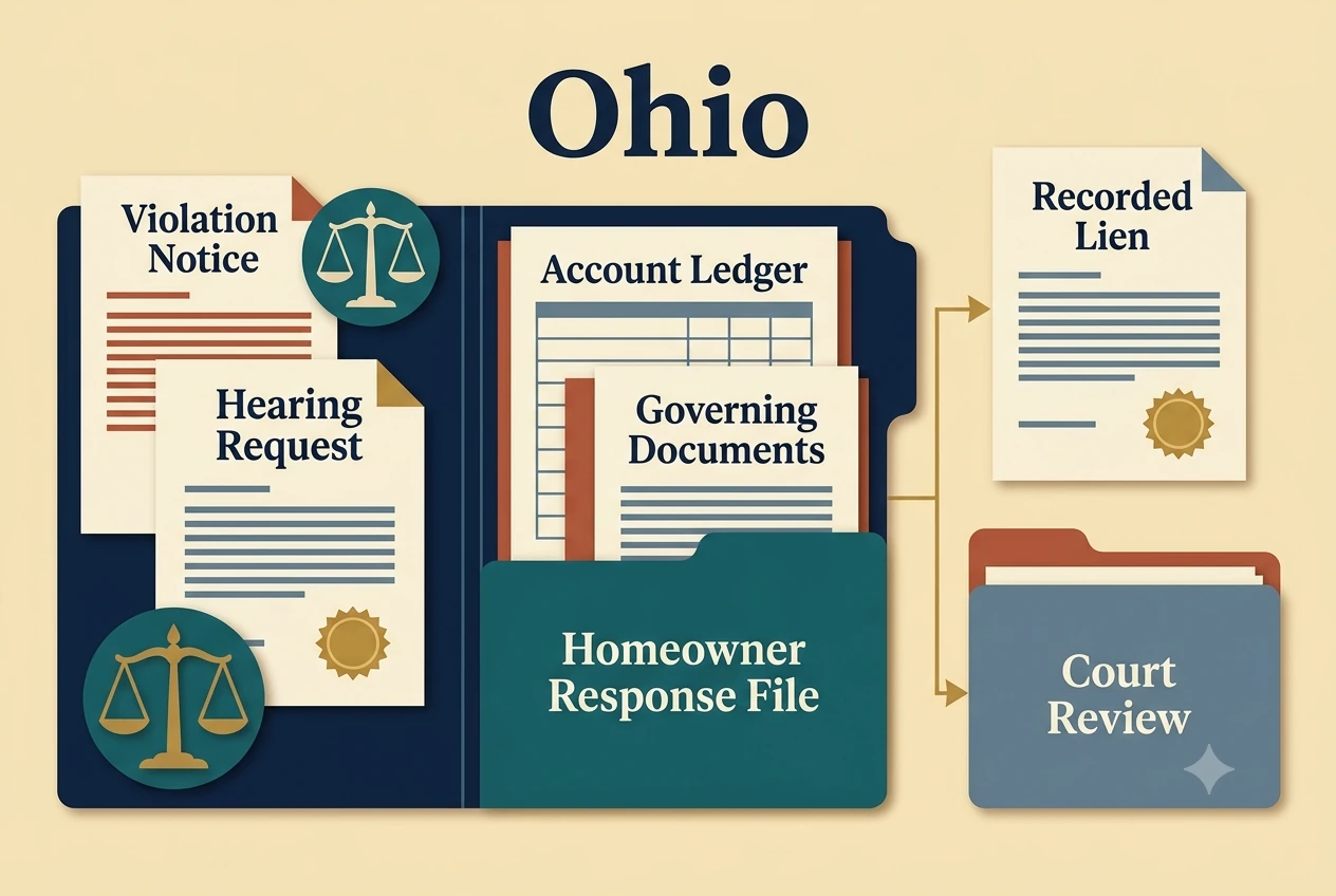 Ohio HOA dispute process diagram showing records, lien, and foreclosure checkpoints