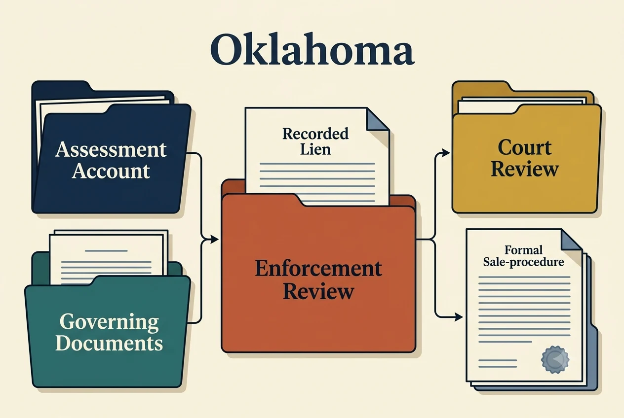 Oklahoma HOA dispute process diagram showing records, lien, and foreclosure checkpoints
