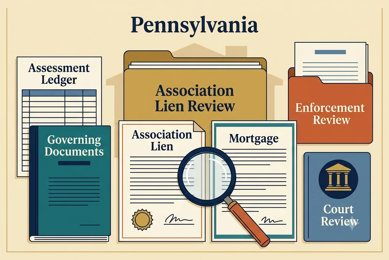 Pennsylvania HOA dispute process diagram showing records, lien, and foreclosure checkpoints