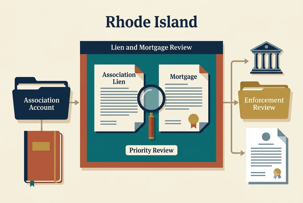 Rhode Island HOA dispute process diagram showing records, lien, and foreclosure checkpoints
