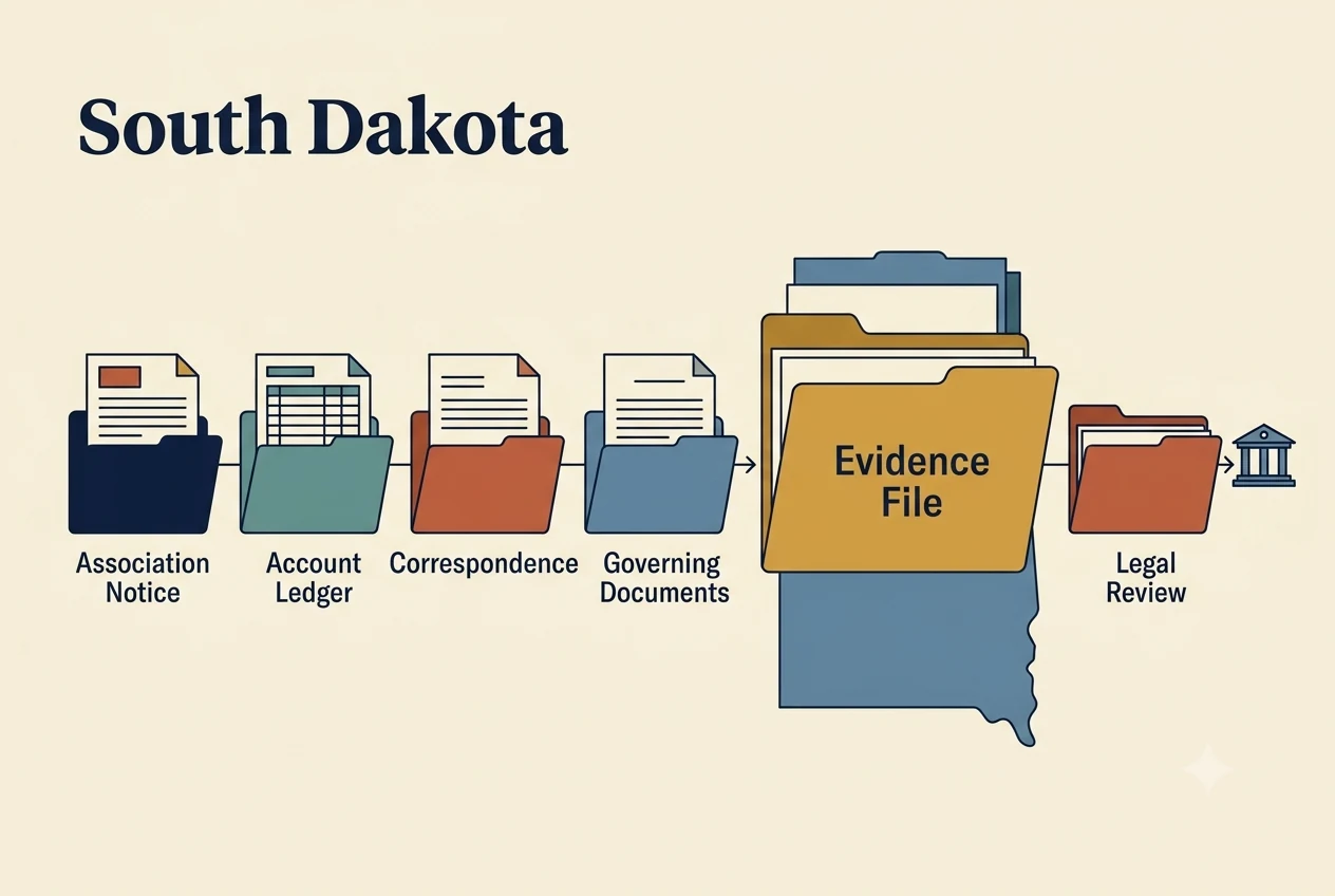 South Dakota HOA dispute process diagram showing records, lien, and foreclosure checkpoints