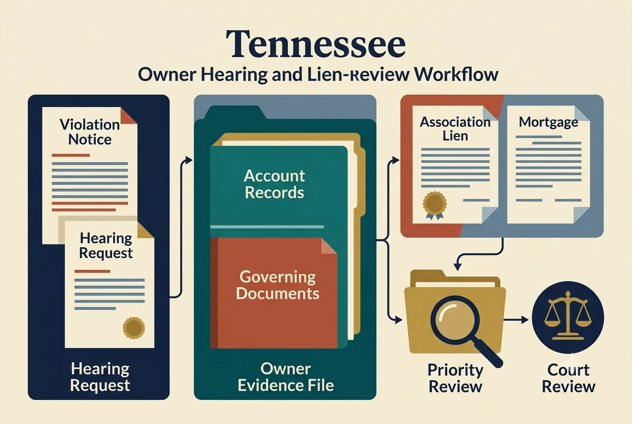 Tennessee HOA dispute process diagram showing records, lien, and foreclosure checkpoints