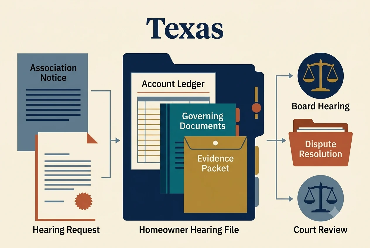 Texas HOA dispute process diagram showing records, lien, and foreclosure checkpoints