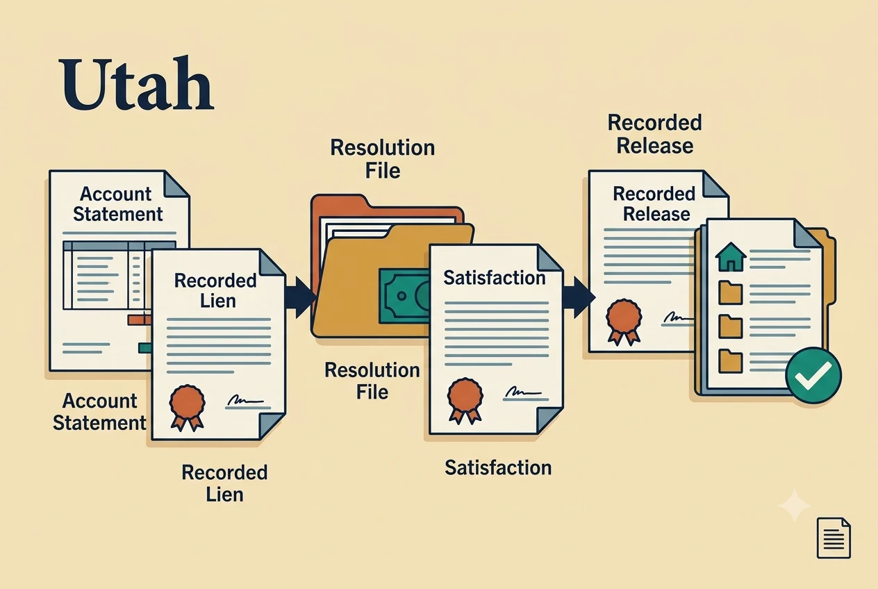 Utah HOA dispute process diagram showing records, lien, and foreclosure checkpoints