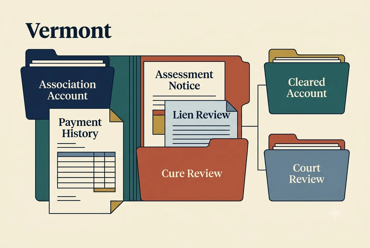 Vermont HOA dispute process diagram showing records, lien, and foreclosure checkpoints