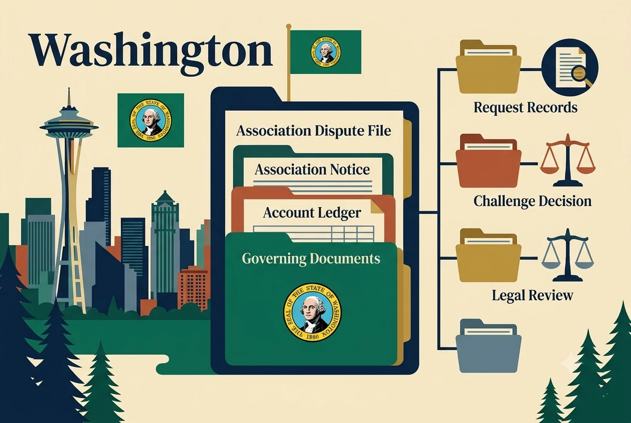 Washington HOA dispute process diagram showing records, lien, and foreclosure checkpoints