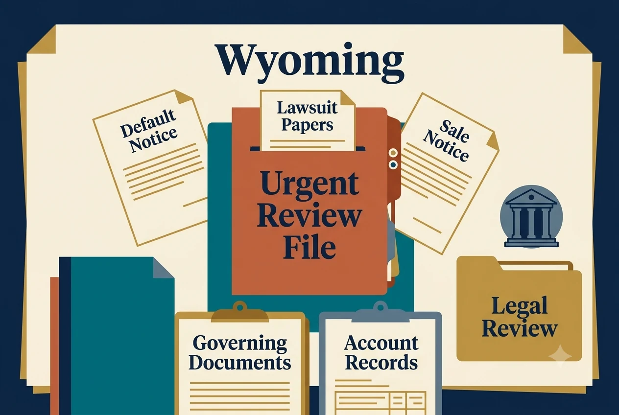 Wyoming HOA dispute process diagram showing records, lien, and foreclosure checkpoints