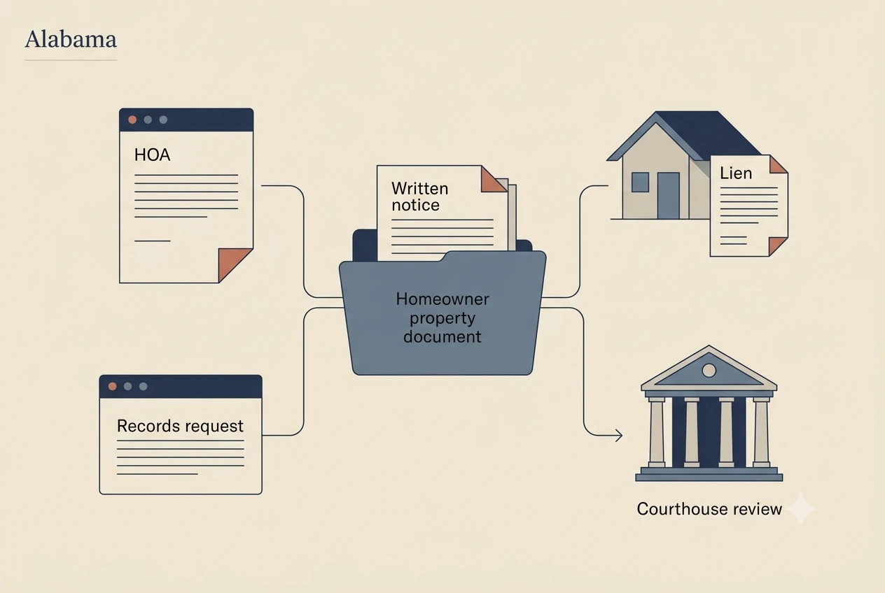 Alabama HOA dispute process diagram showing records, lien, and foreclosure checkpoints