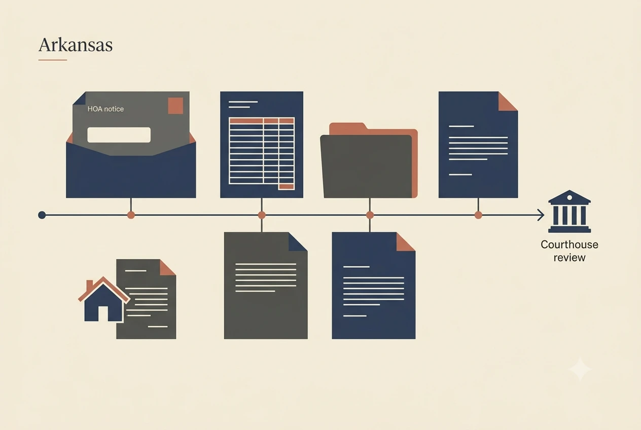 Arkansas HOA dispute process diagram showing records, lien, and foreclosure checkpoints