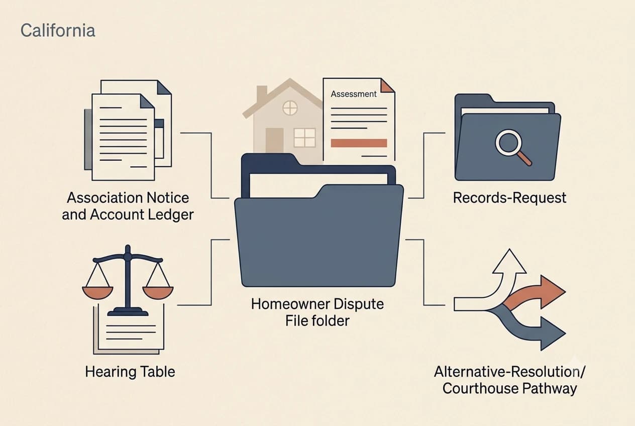 California HOA dispute process diagram showing records, lien, and foreclosure checkpoints