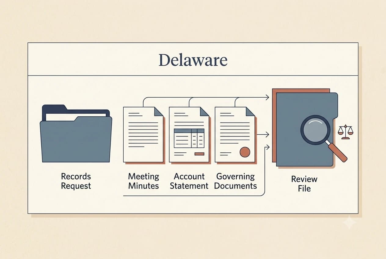 Delaware HOA dispute process diagram showing records, lien, and foreclosure checkpoints