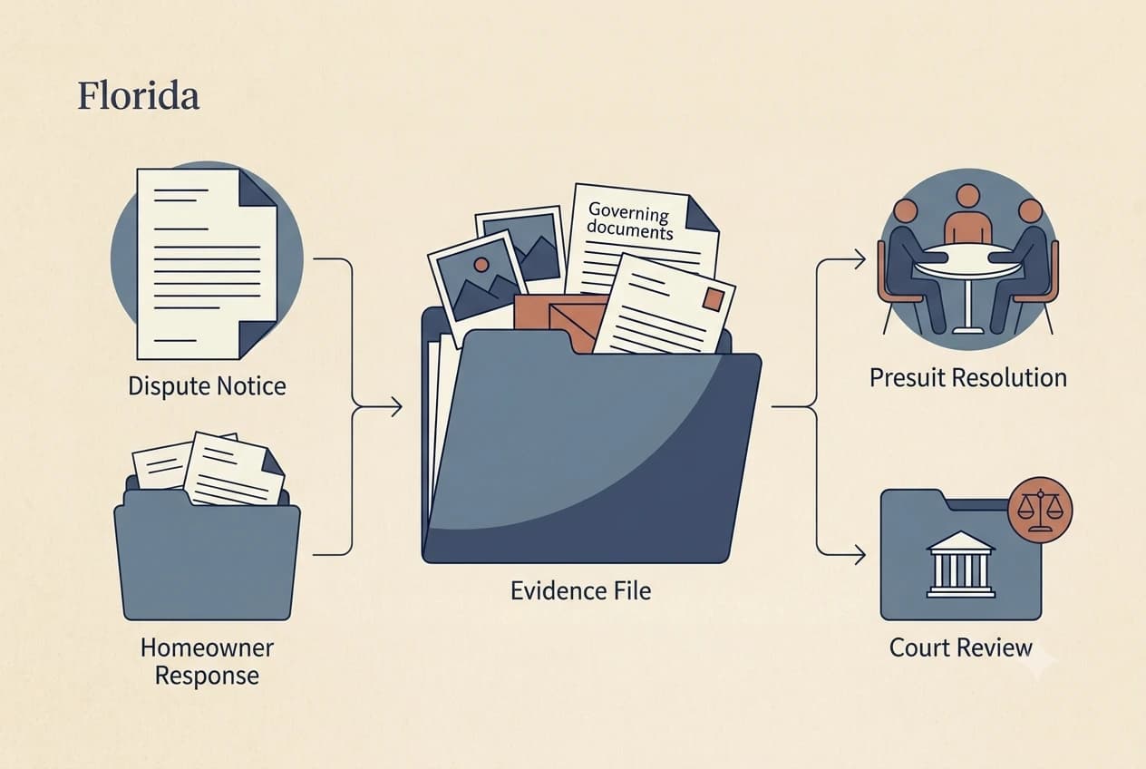 Florida HOA dispute process diagram showing records, lien, and foreclosure checkpoints