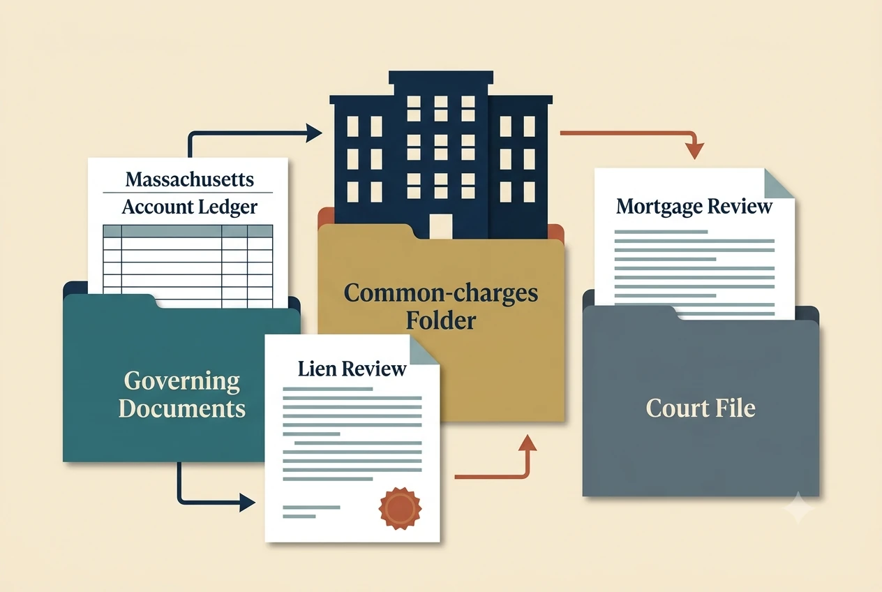 Massachusetts HOA dispute process diagram showing records, lien, and foreclosure checkpoints