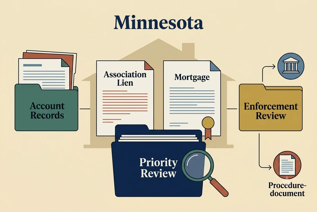 Minnesota HOA dispute process diagram showing records, lien, and foreclosure checkpoints