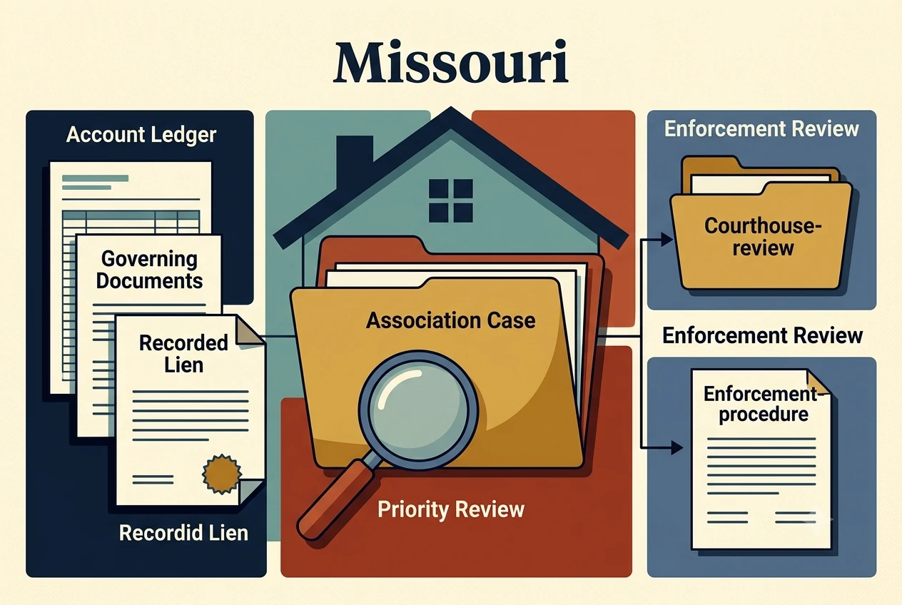 Missouri HOA dispute process diagram showing records, lien, and foreclosure checkpoints