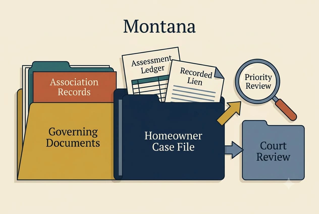 Montana HOA dispute process diagram showing records, lien, and foreclosure checkpoints