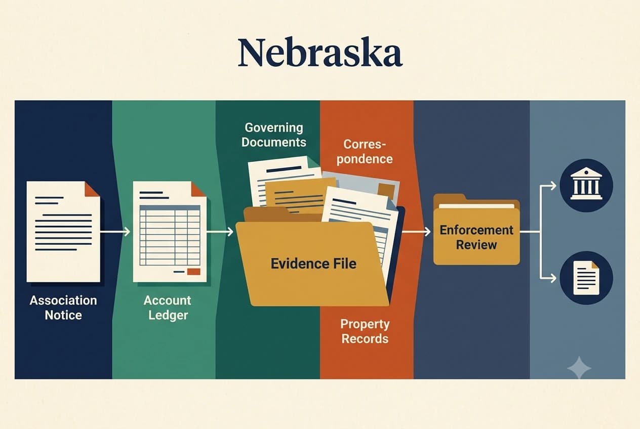 Nebraska HOA dispute process diagram showing records, lien, and foreclosure checkpoints