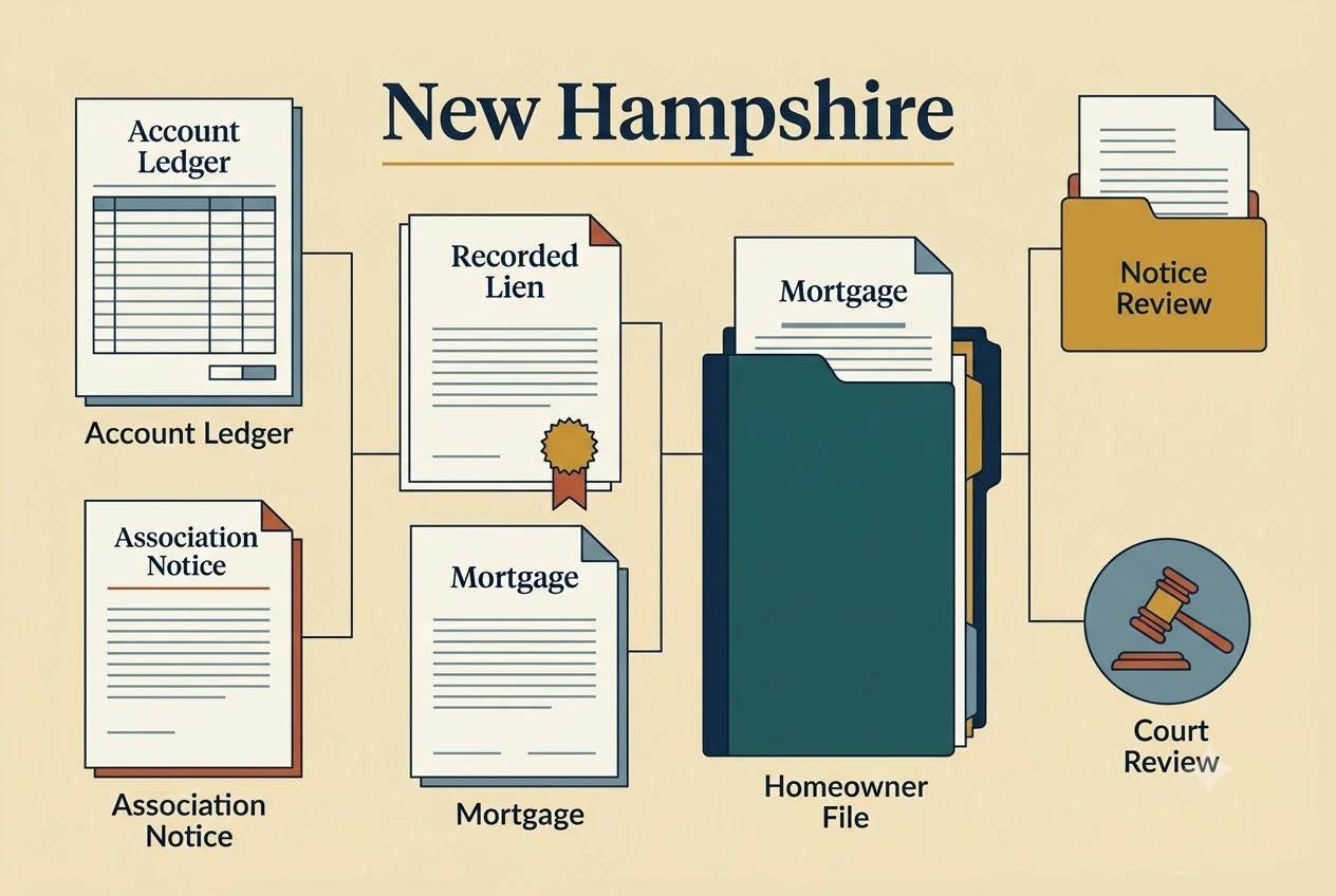 New Hampshire HOA dispute process diagram showing records, lien, and foreclosure checkpoints