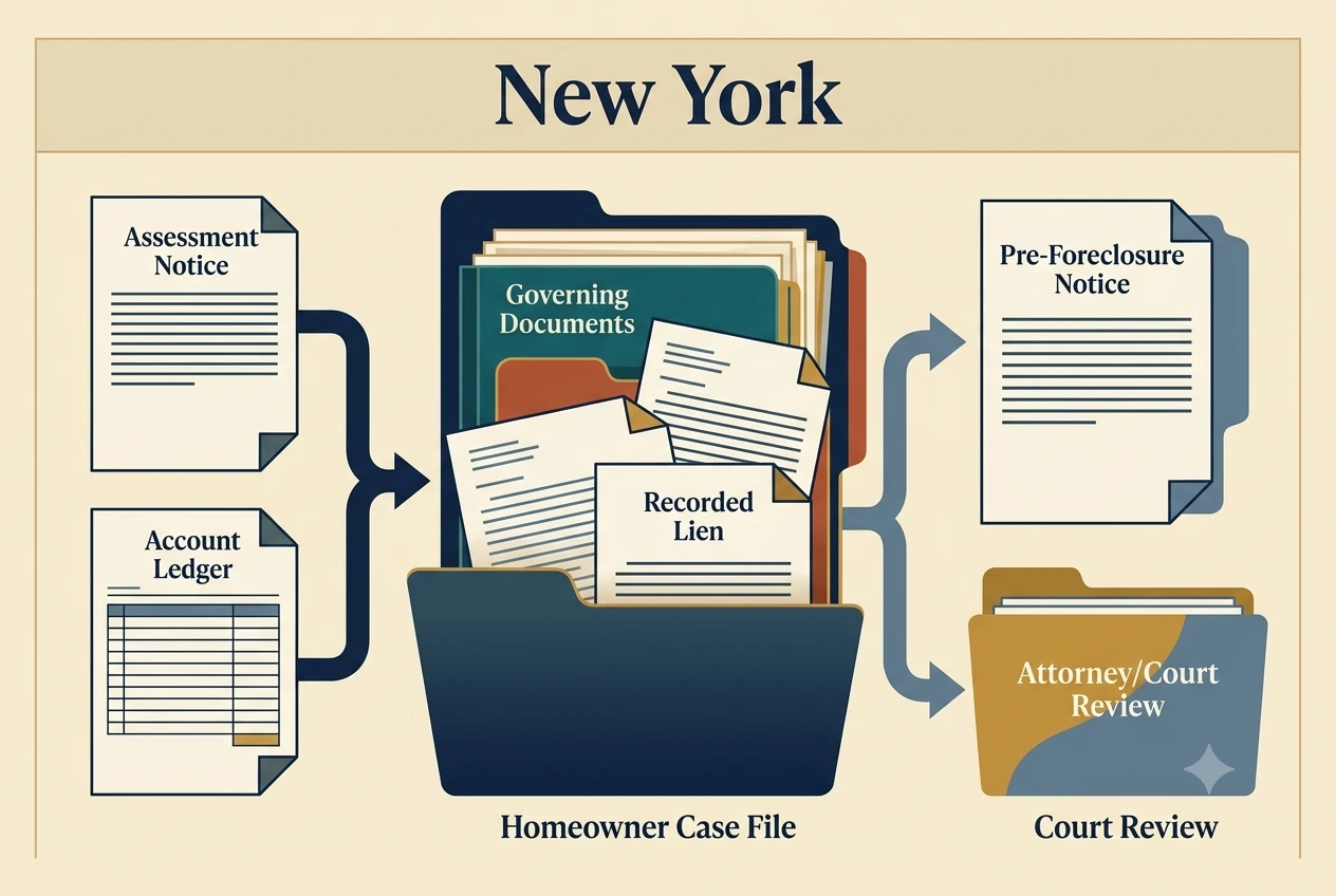 New York HOA dispute process diagram showing records, lien, and foreclosure checkpoints