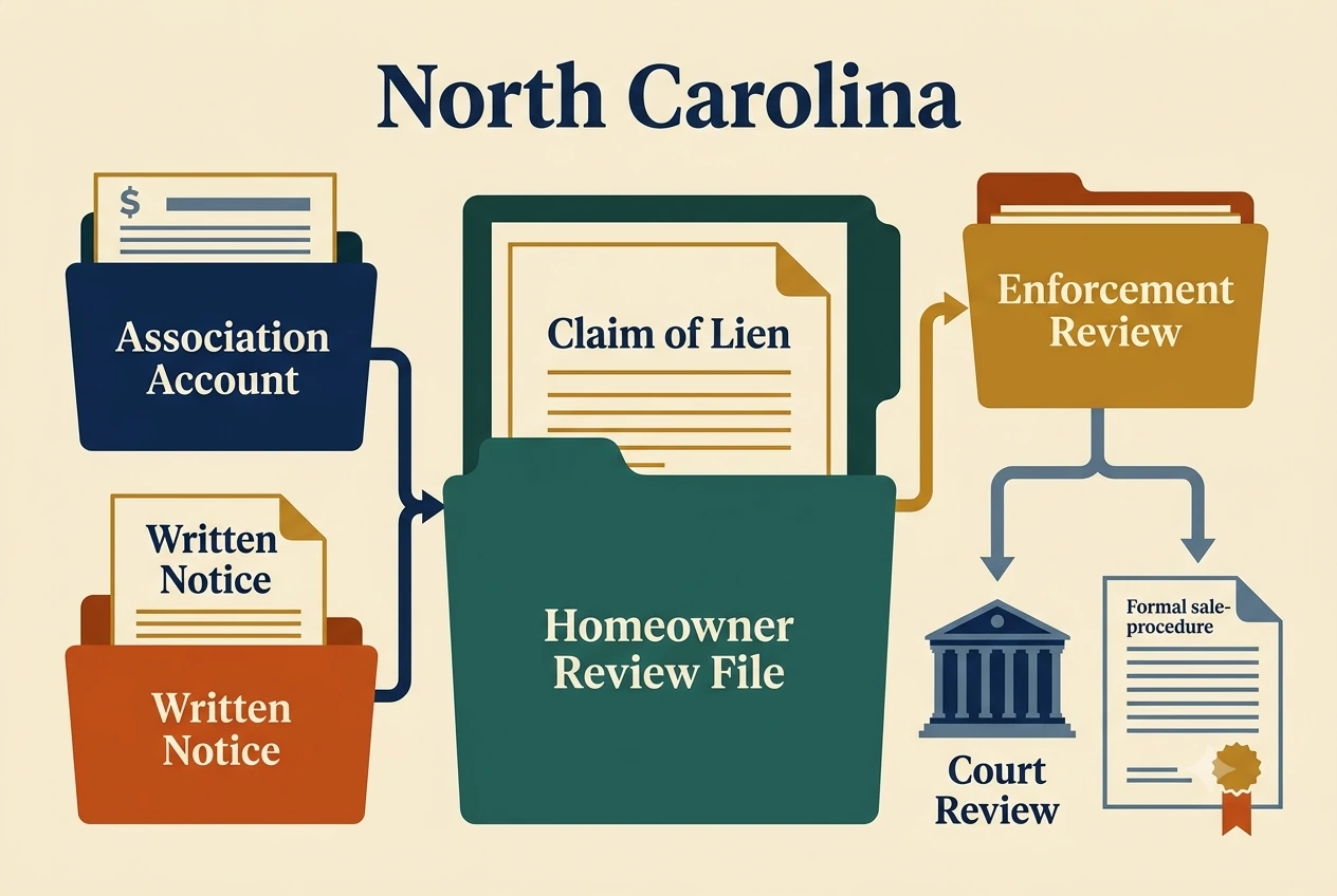 North Carolina HOA dispute process diagram showing records, lien, and foreclosure checkpoints