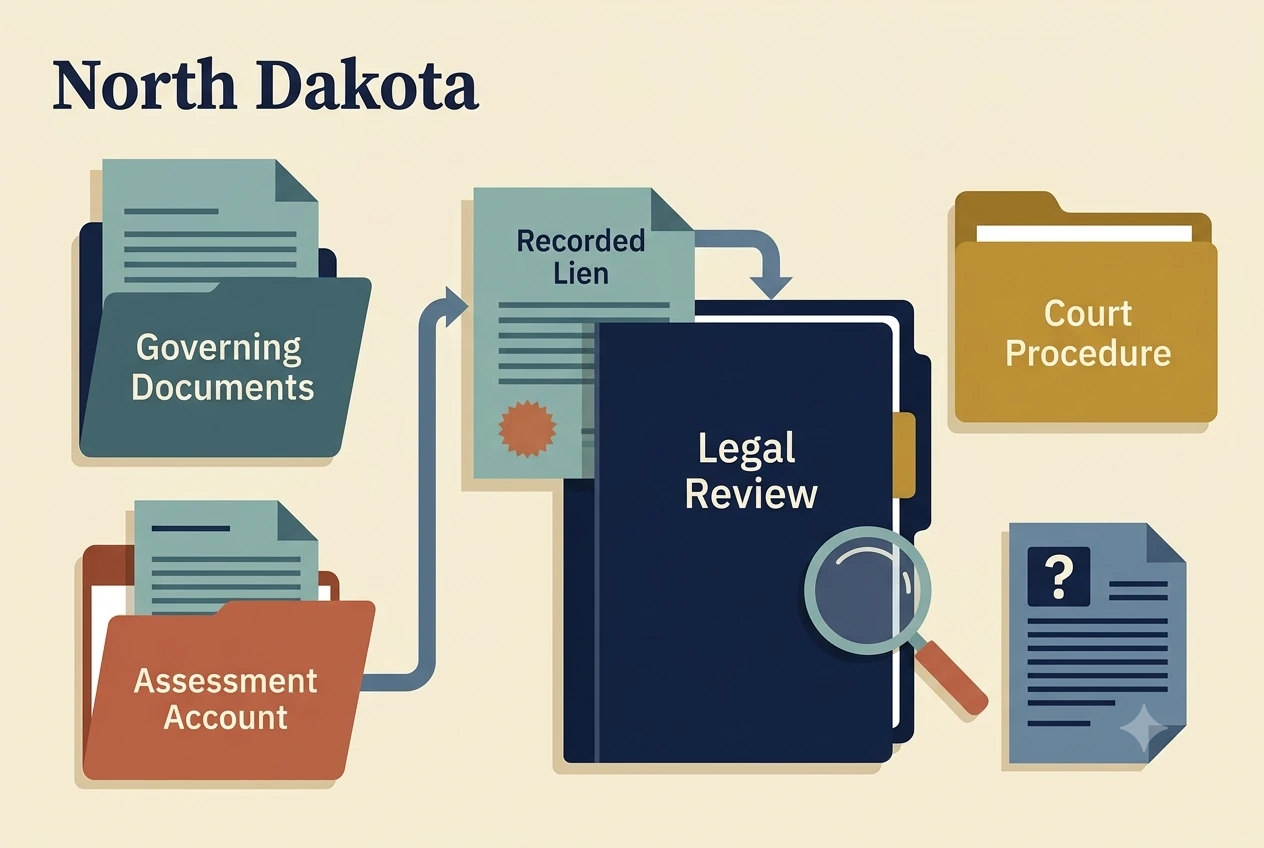 North Dakota HOA dispute process diagram showing records, lien, and foreclosure checkpoints
