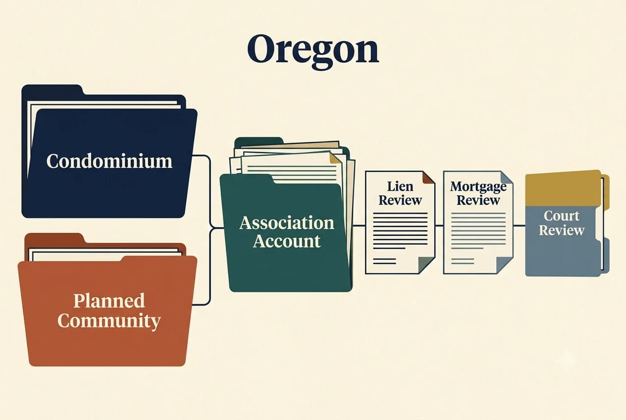 Oregon HOA dispute process diagram showing records, lien, and foreclosure checkpoints