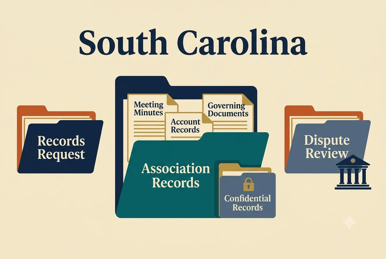 South Carolina HOA dispute process diagram showing records, lien, and foreclosure checkpoints