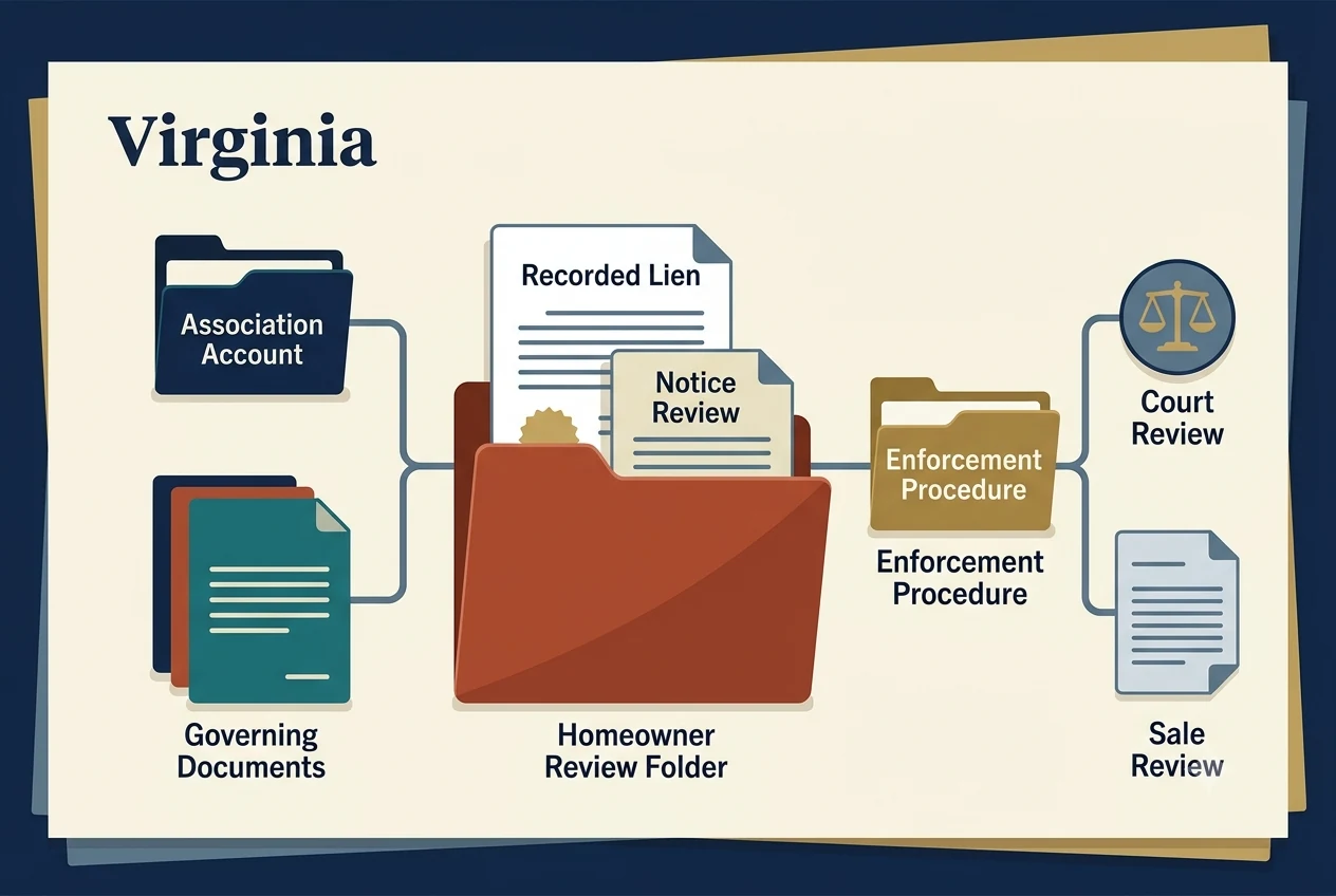 Virginia HOA dispute process diagram showing records, lien, and foreclosure checkpoints