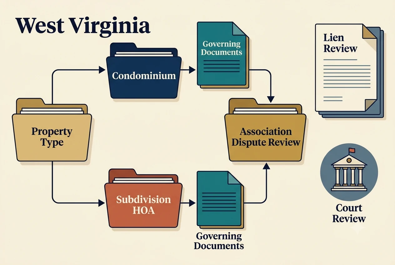 West Virginia HOA dispute process diagram showing records, lien, and foreclosure checkpoints