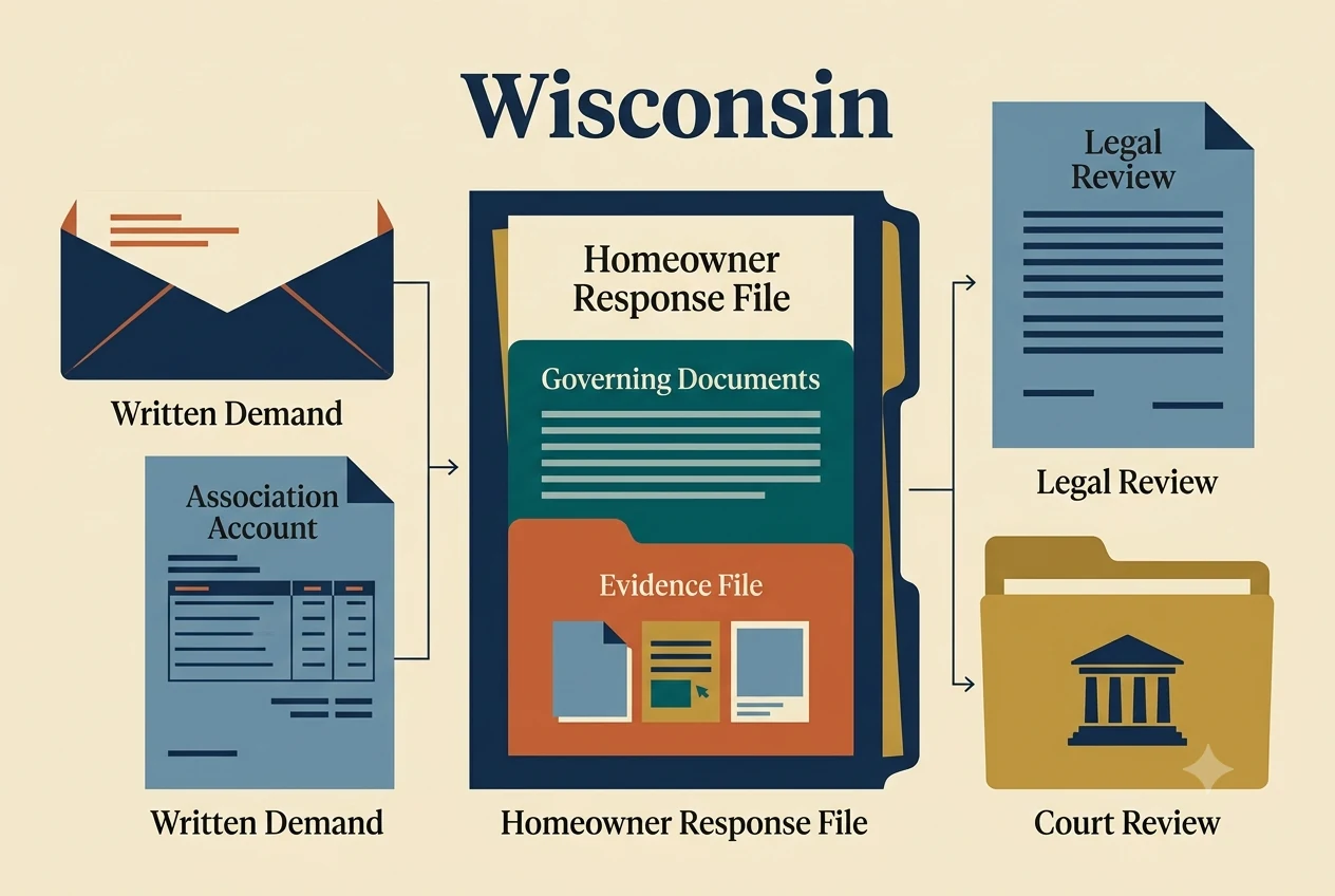Wisconsin HOA dispute process diagram showing records, lien, and foreclosure checkpoints